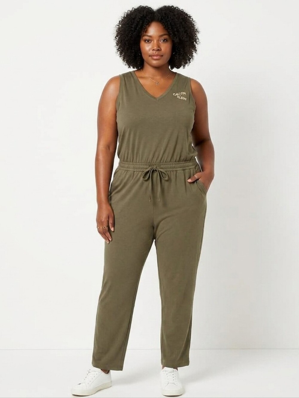 Calvin Klein Olive Green Sleeveless V-Neck Jumpsuit Size Large NWT - Picture 4 of 15